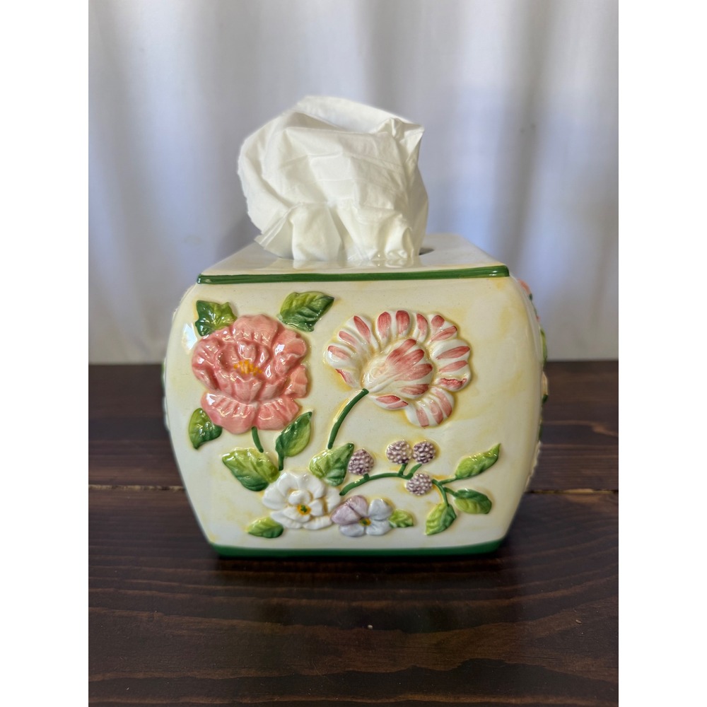 VTG Pamela Gladding Floral Ceramic Tissue Box Cover Butterfly